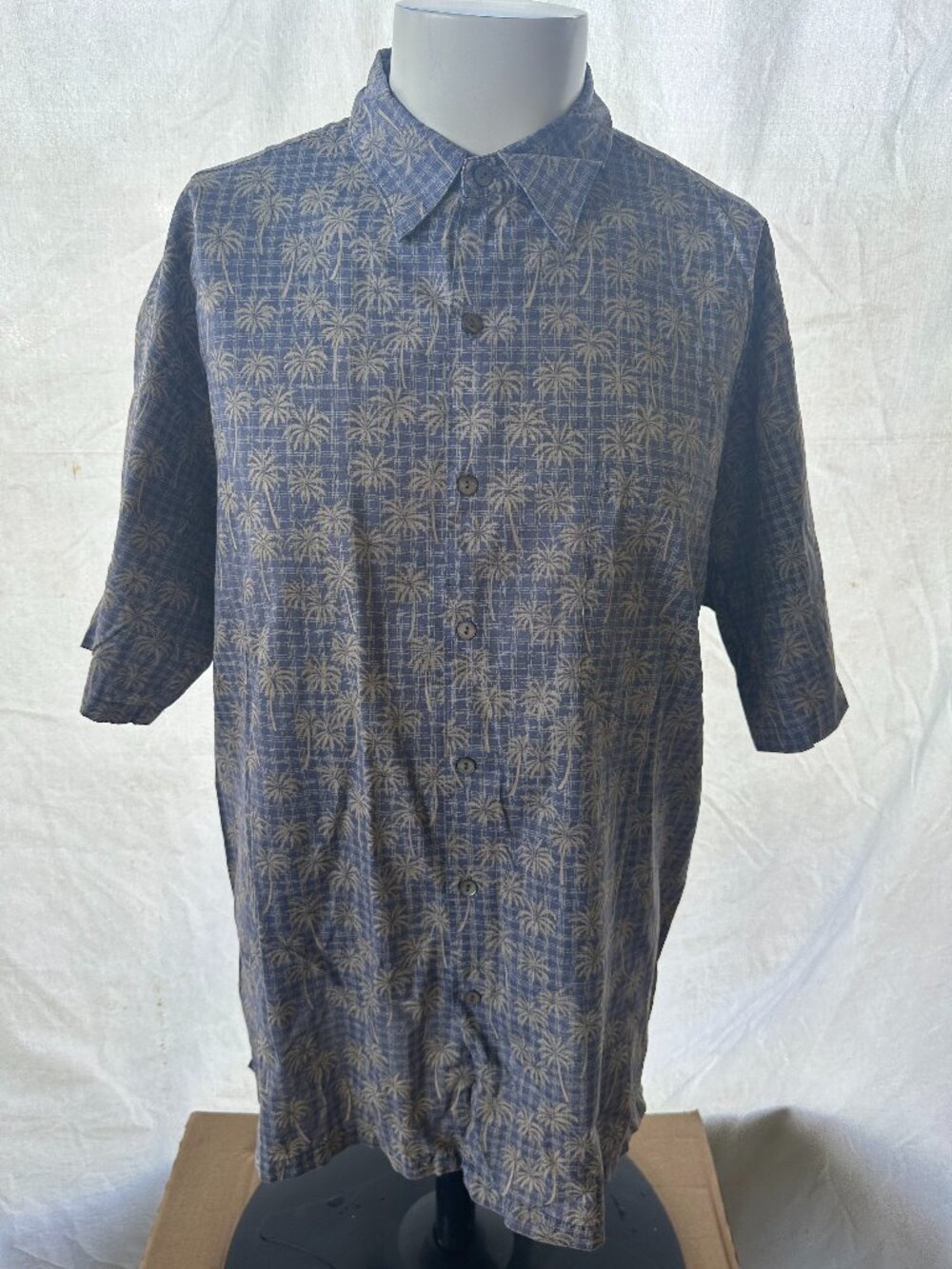 Tori Richard Men's Blue Brown Palm Coconut Tree Pattern Hawaiian Shirt Size Larg